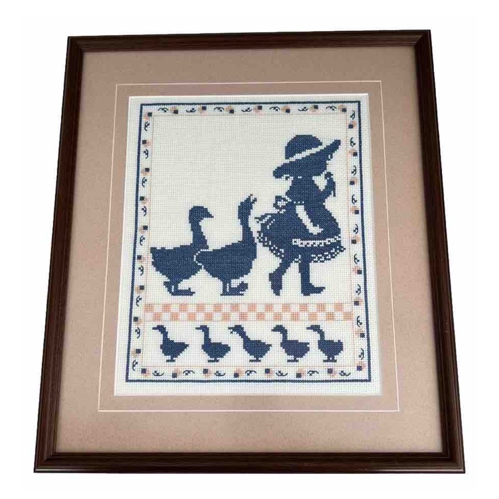 Girl with Geese Vintage Cross Stitch Framed Finished Needlework Art 15”x13 1/2”